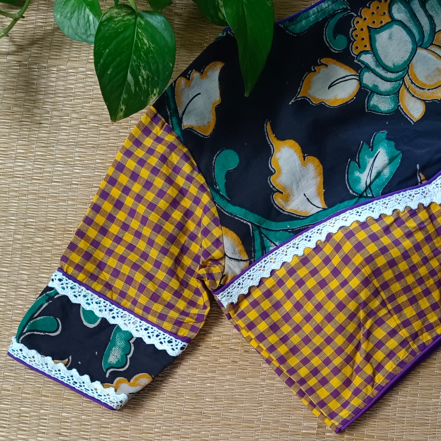 Yellow & Purple Kalamkari Pattern Blouse With Checks