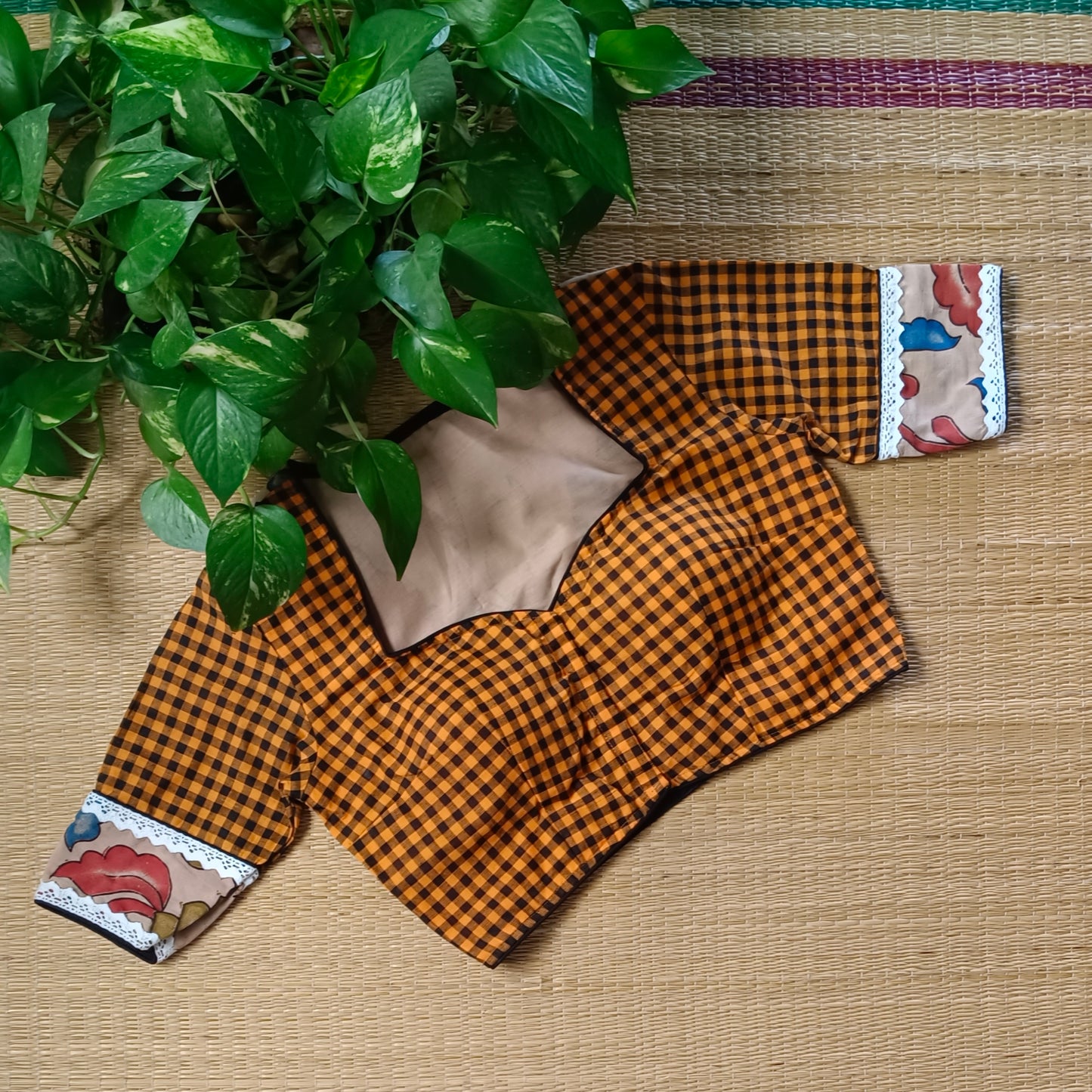 Rustic Orange & Black Kalamkari Pattern Blouse With Checks