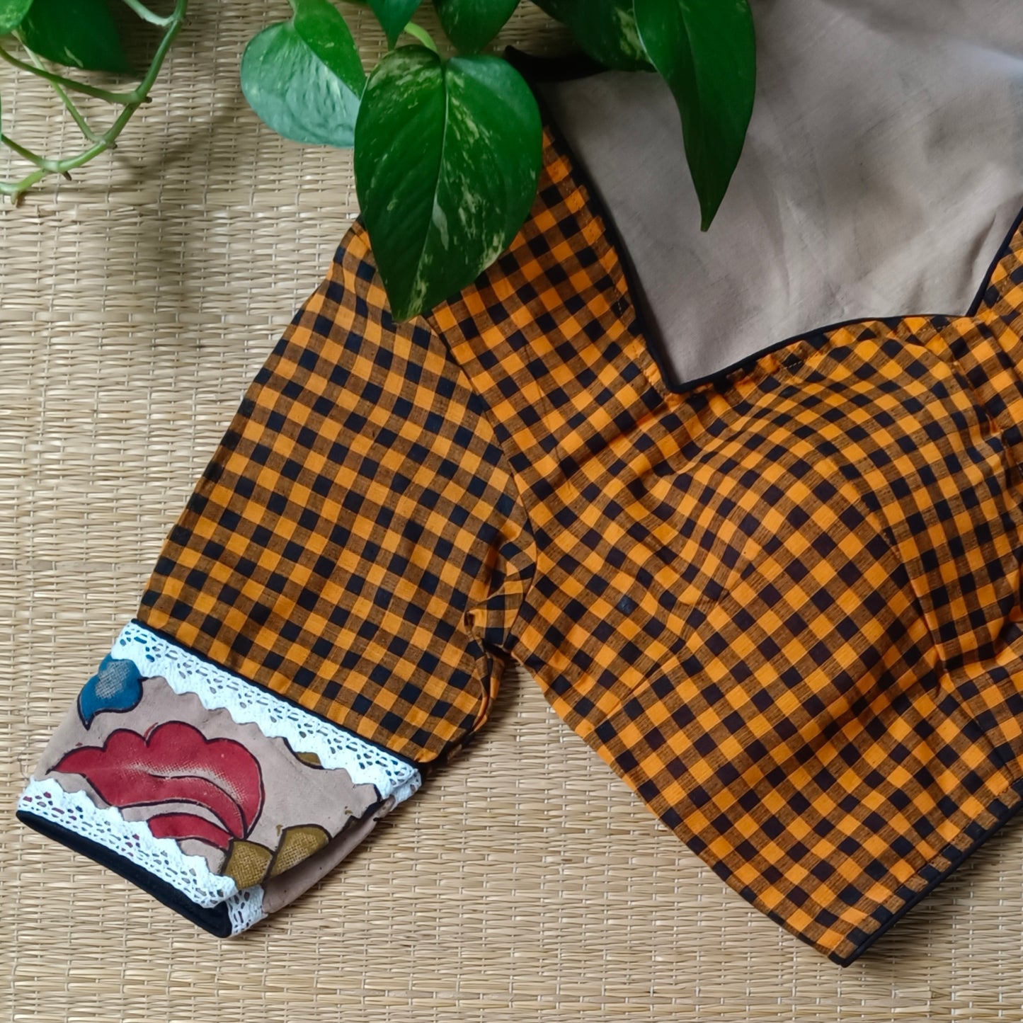 Rustic Orange & Black Kalamkari Pattern Blouse With Checks