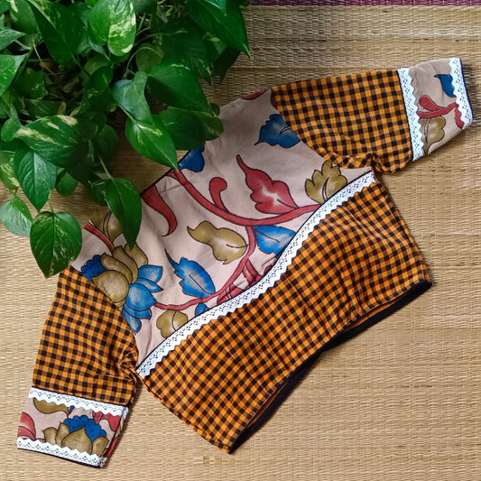 Rustic Orange & Black Kalamkari Pattern Blouse With Checks
