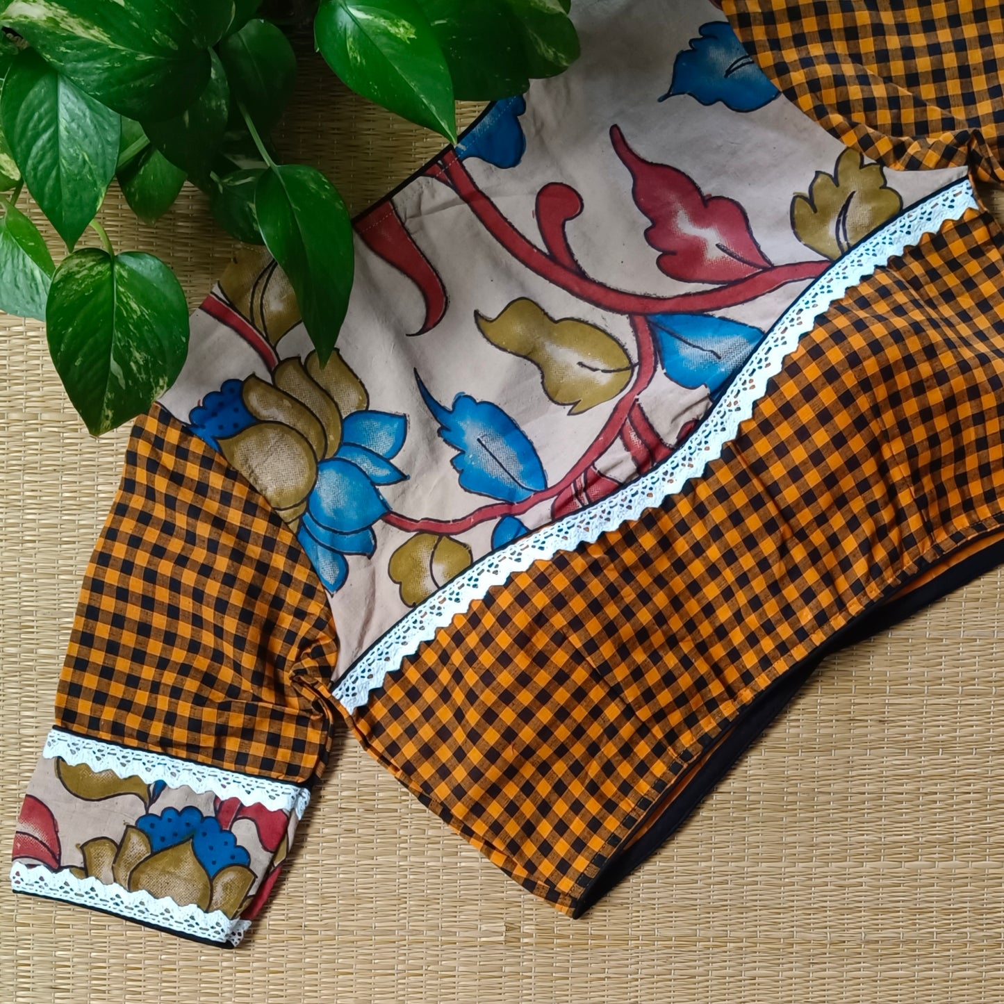 Rustic Orange & Black Kalamkari Pattern Blouse With Checks