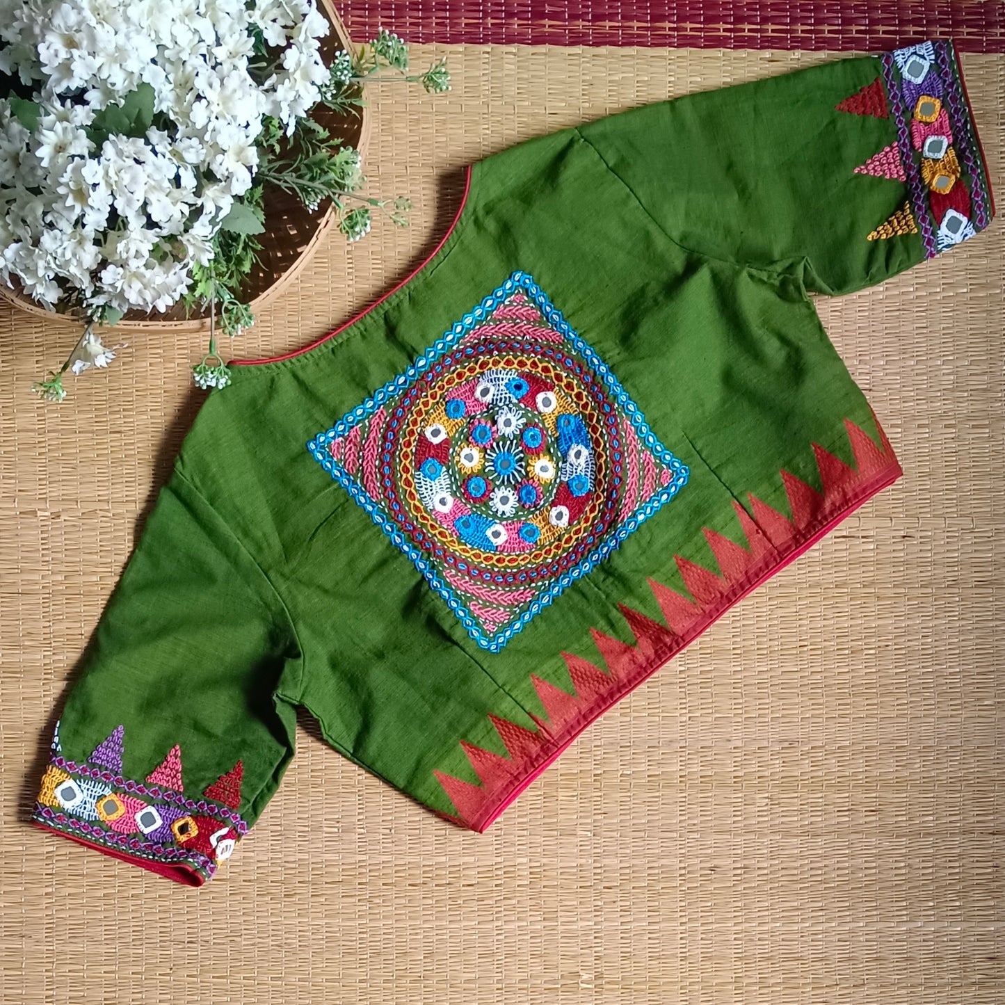 Mehandi Green Gujrati Hand Embroidery Blouse