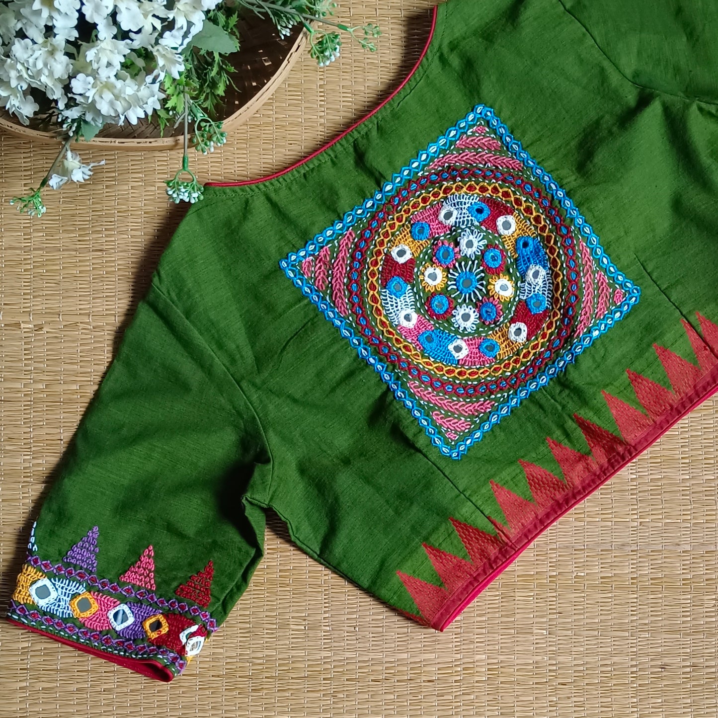 Mehandi Green Gujrati Hand Embroidery Blouse
