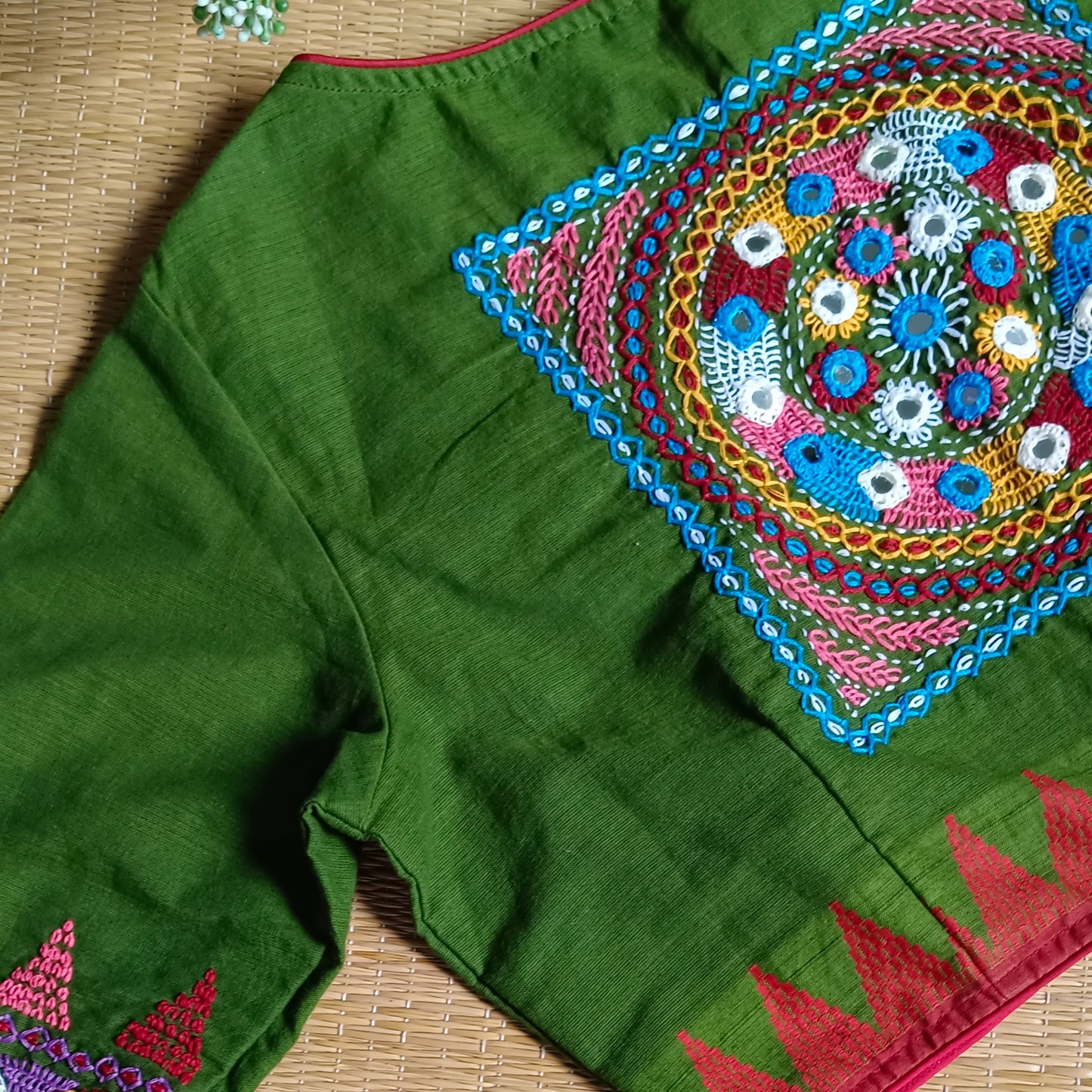 Mehandi Green Gujrati Hand Embroidery Blouse