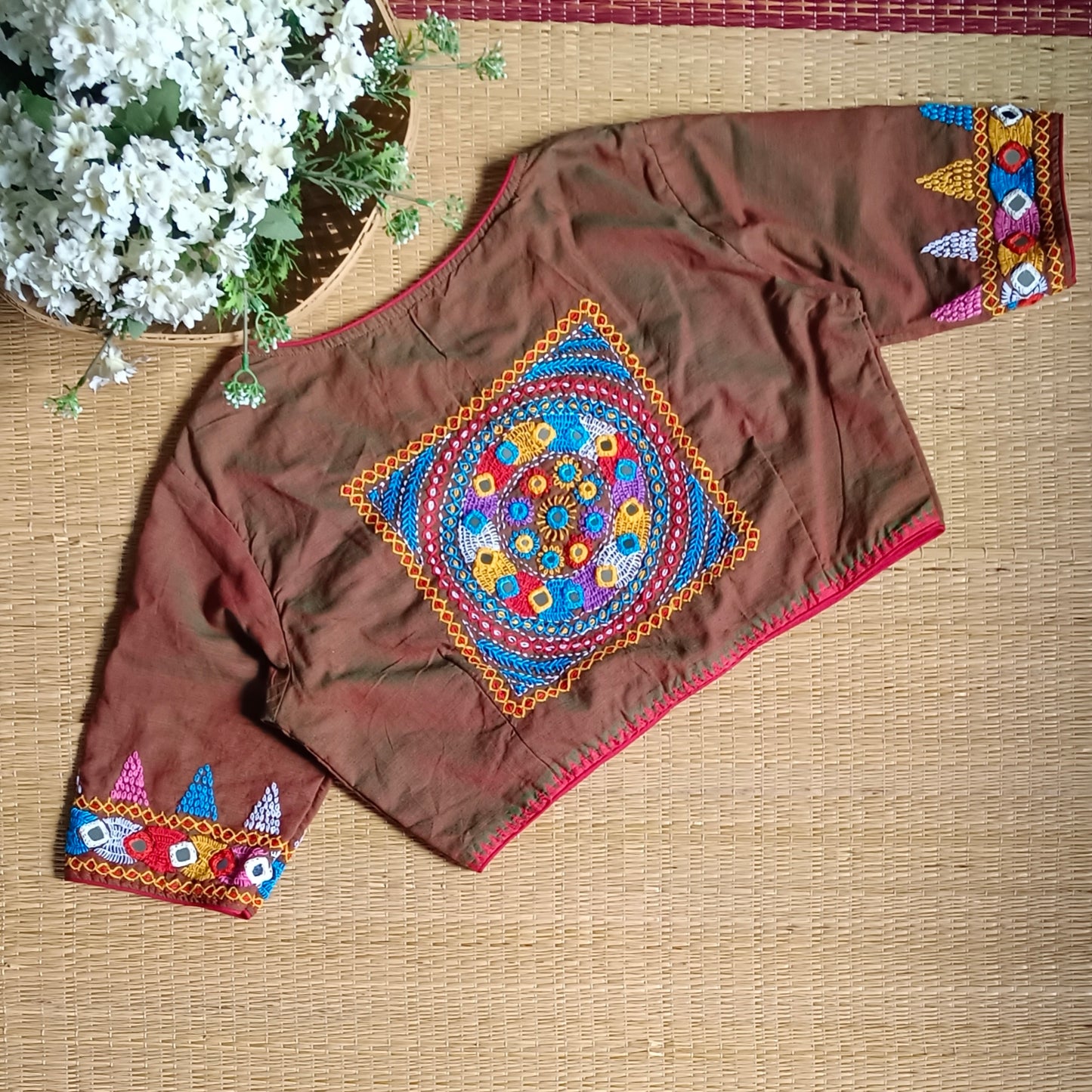 Maroon Green Dual Shade Gujrati Hand Embroidery Blouse