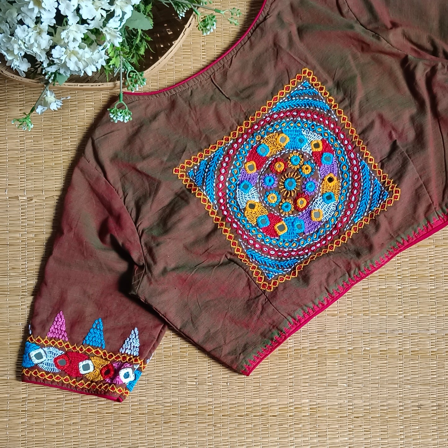 Maroon Green Dual Shade Gujrati Hand Embroidery Blouse