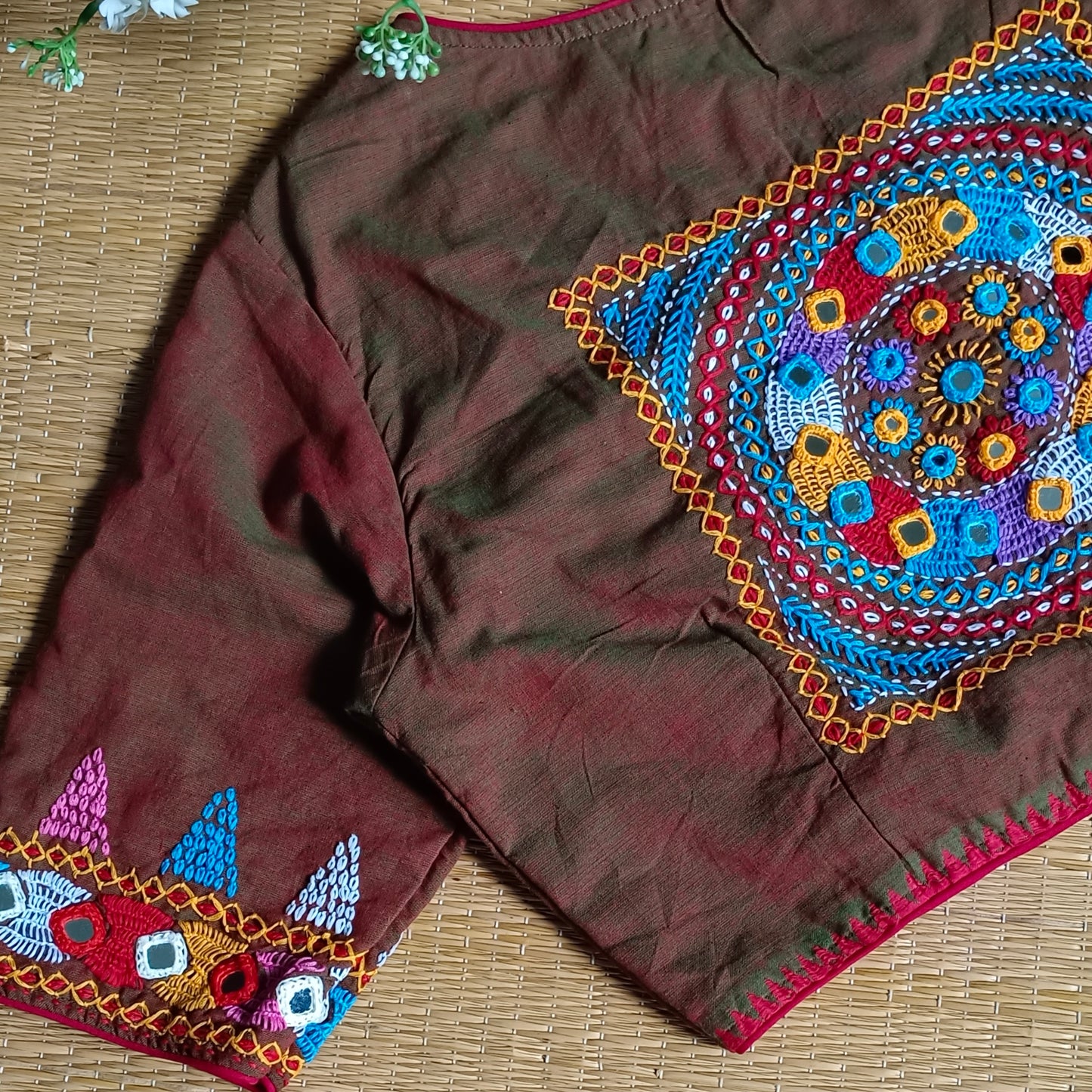 Maroon Green Dual Shade Gujrati Hand Embroidery Blouse