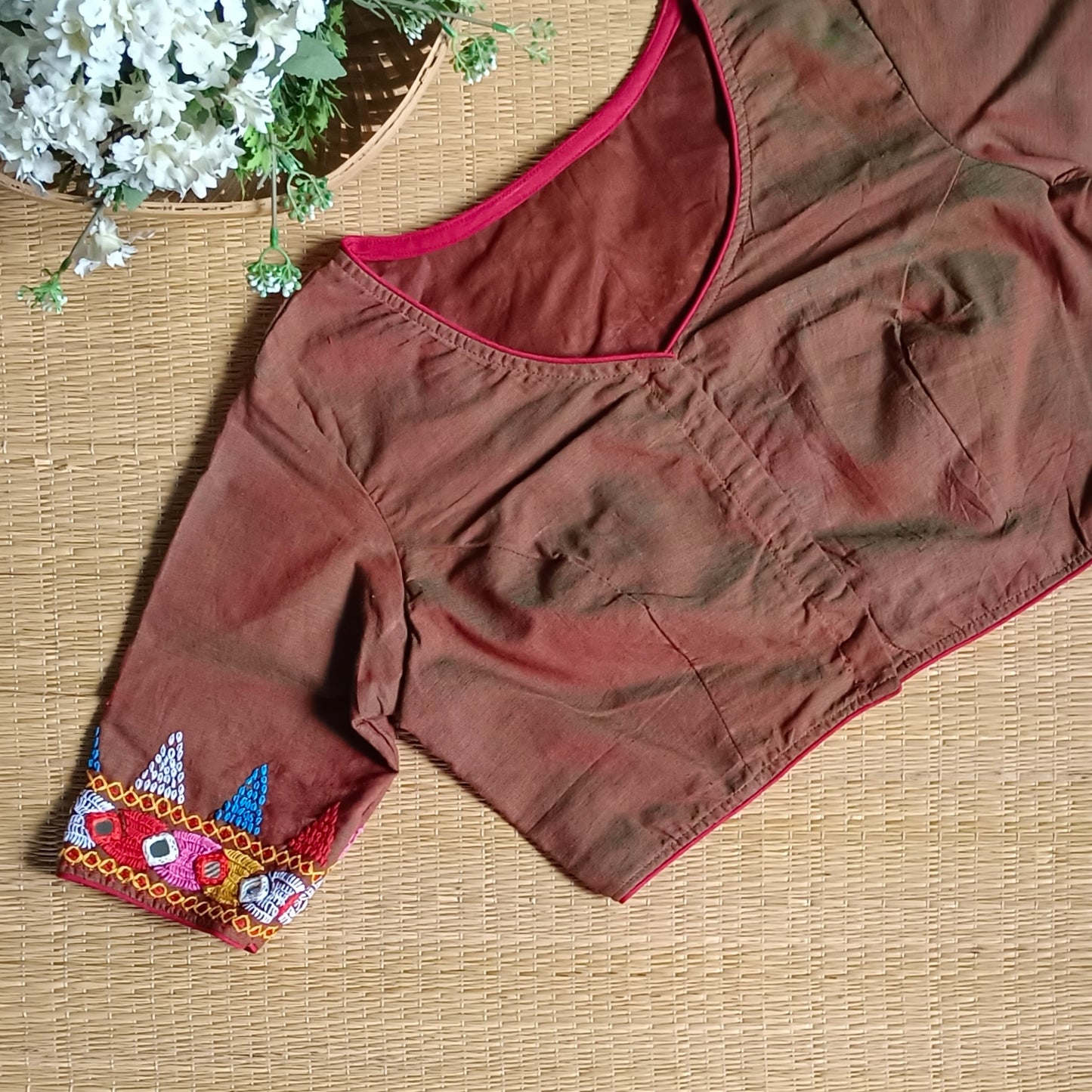 Maroon Green Dual Shade Gujrati Hand Embroidery Blouse
