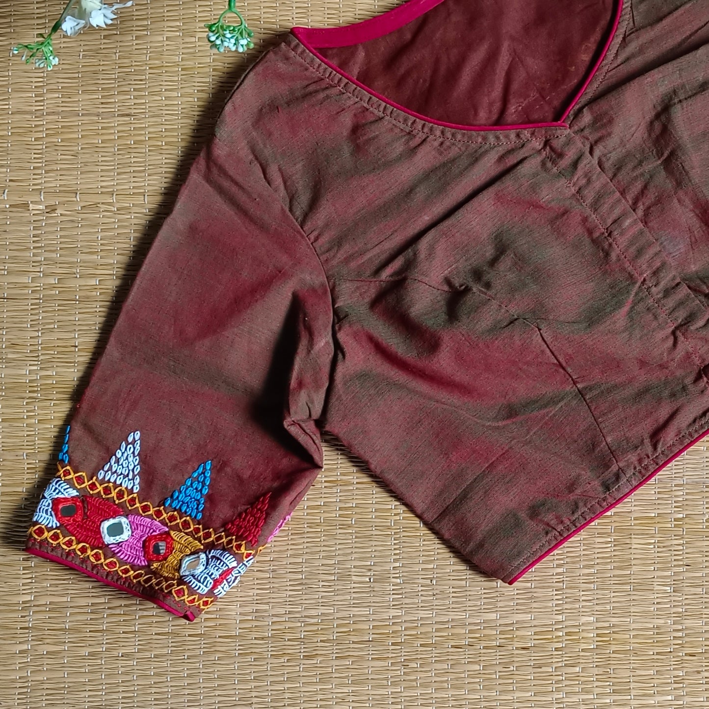 Maroon Green Dual Shade Gujrati Hand Embroidery Blouse