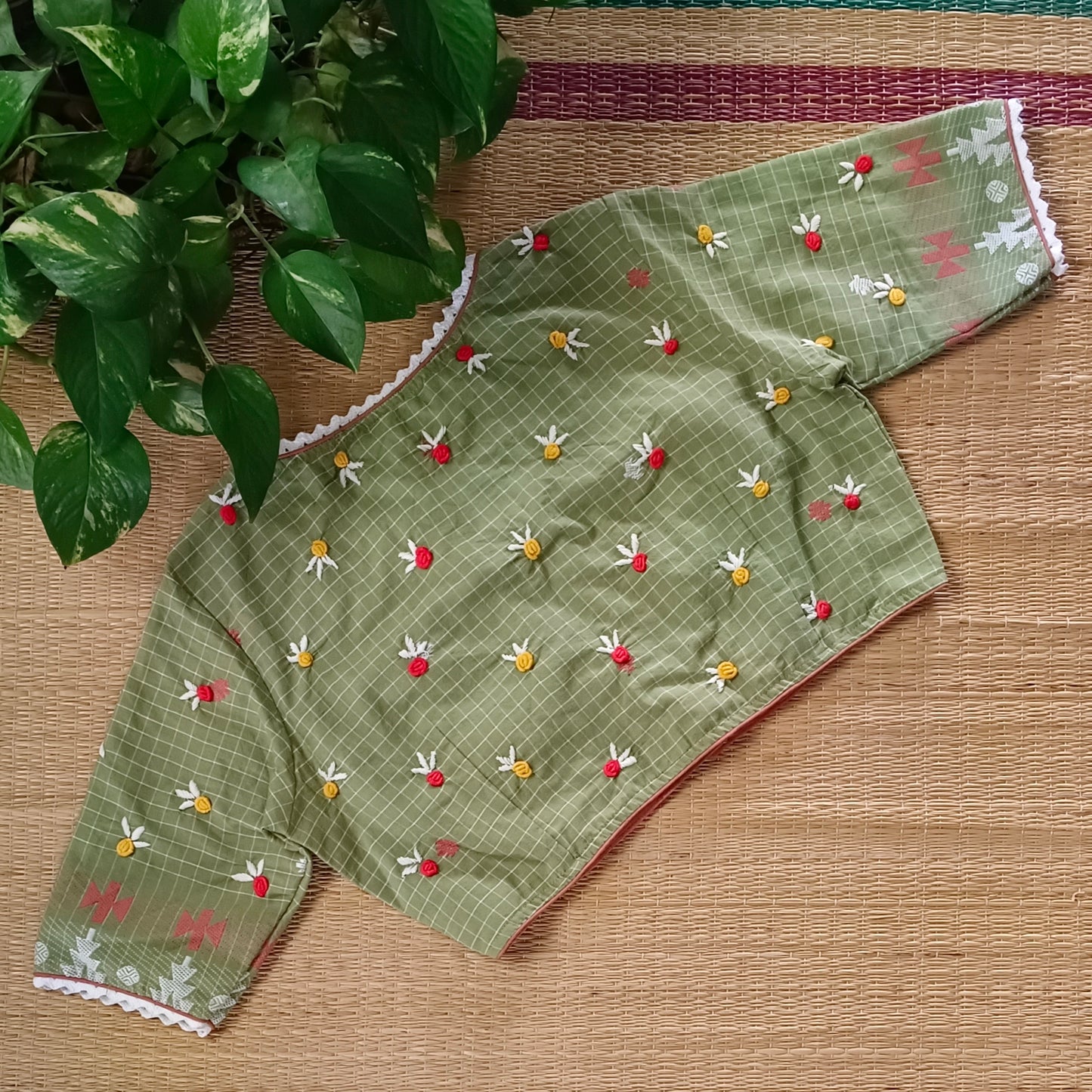 Pista Green Jamdani Hand Embroidery Blouse