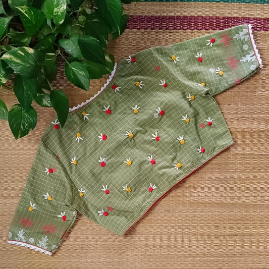 Pista Green Jamdani Hand Embroidery Blouse