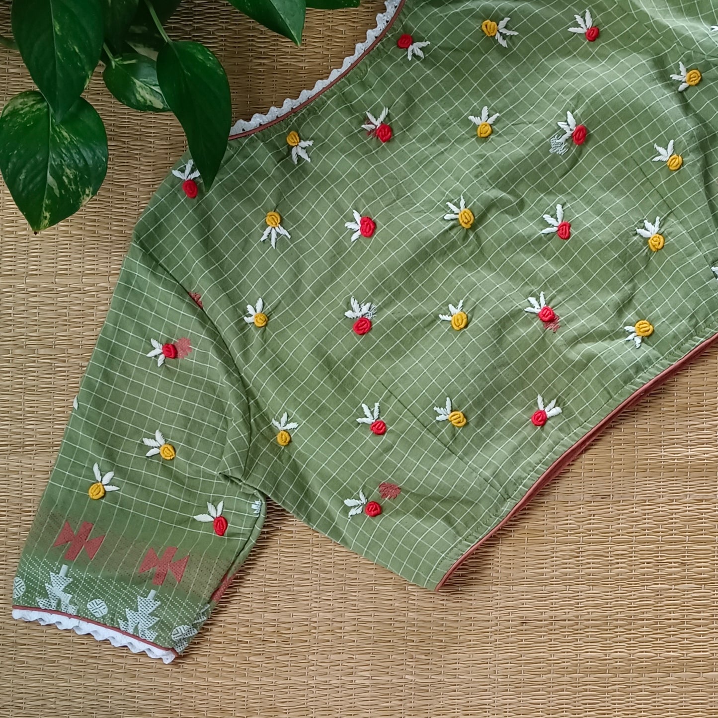 Pista Green Jamdani Hand Embroidery Blouse