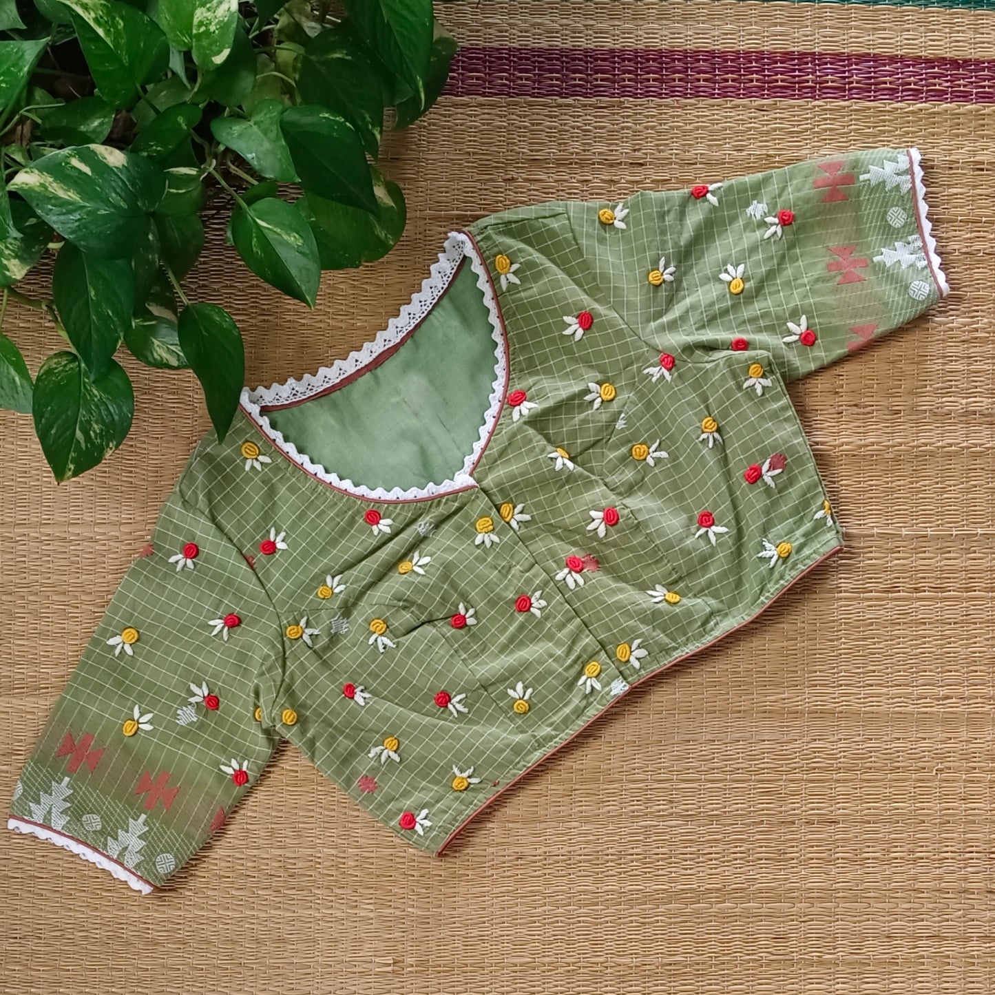 Pista Green Jamdani Hand Embroidery Blouse