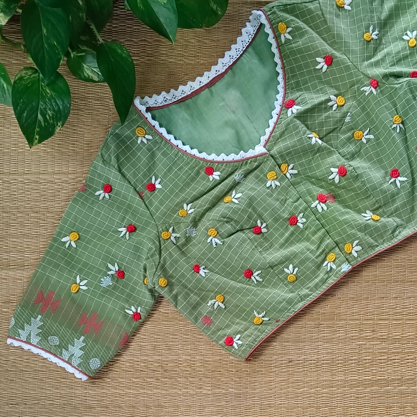 Pista Green Jamdani Hand Embroidery Blouse