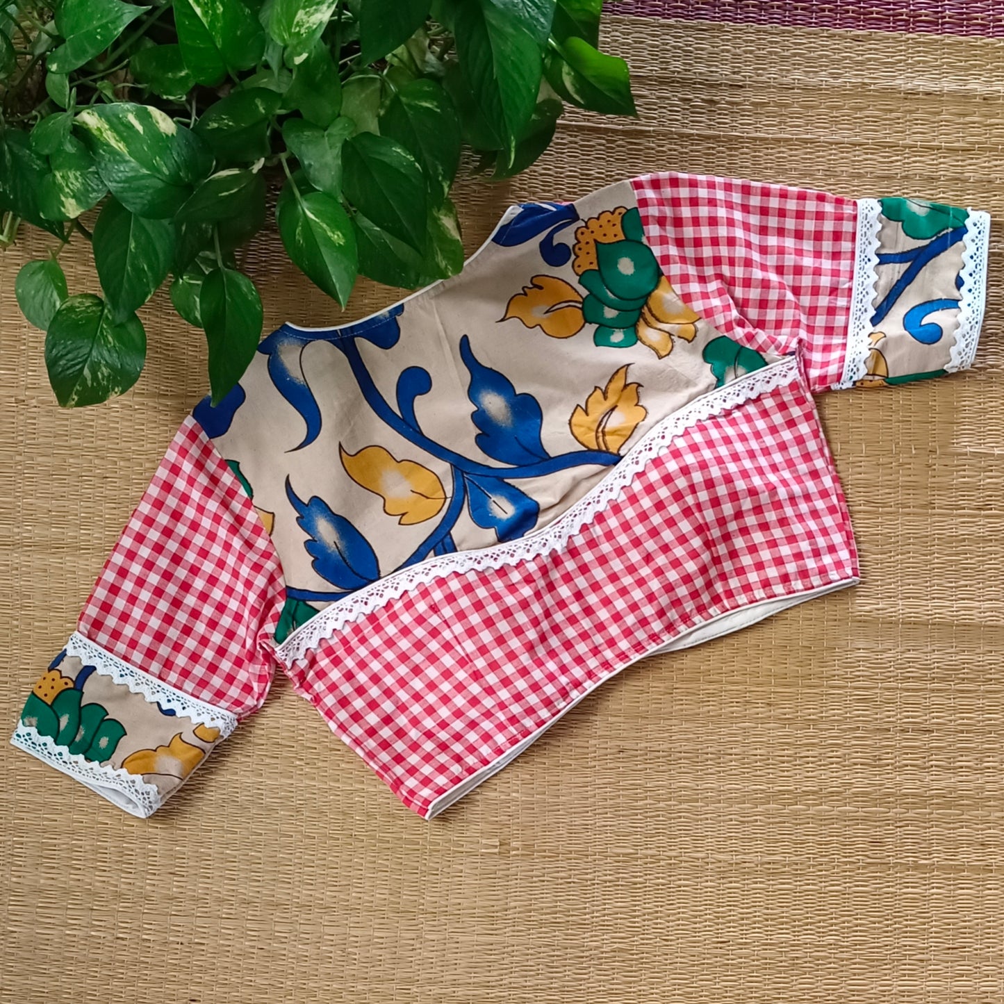 Red & White Kalamkari Pattern Blouse With Checks