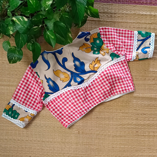 Red & White Kalamkari Pattern Blouse With Checks