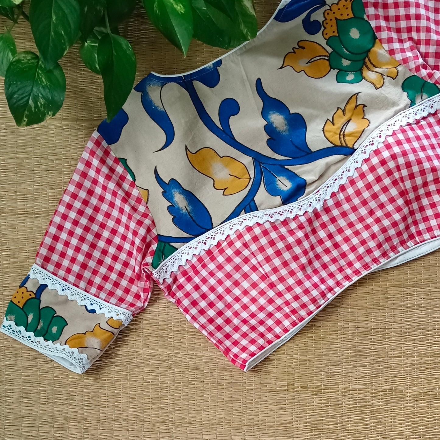 Red & White Kalamkari Pattern Blouse With Checks