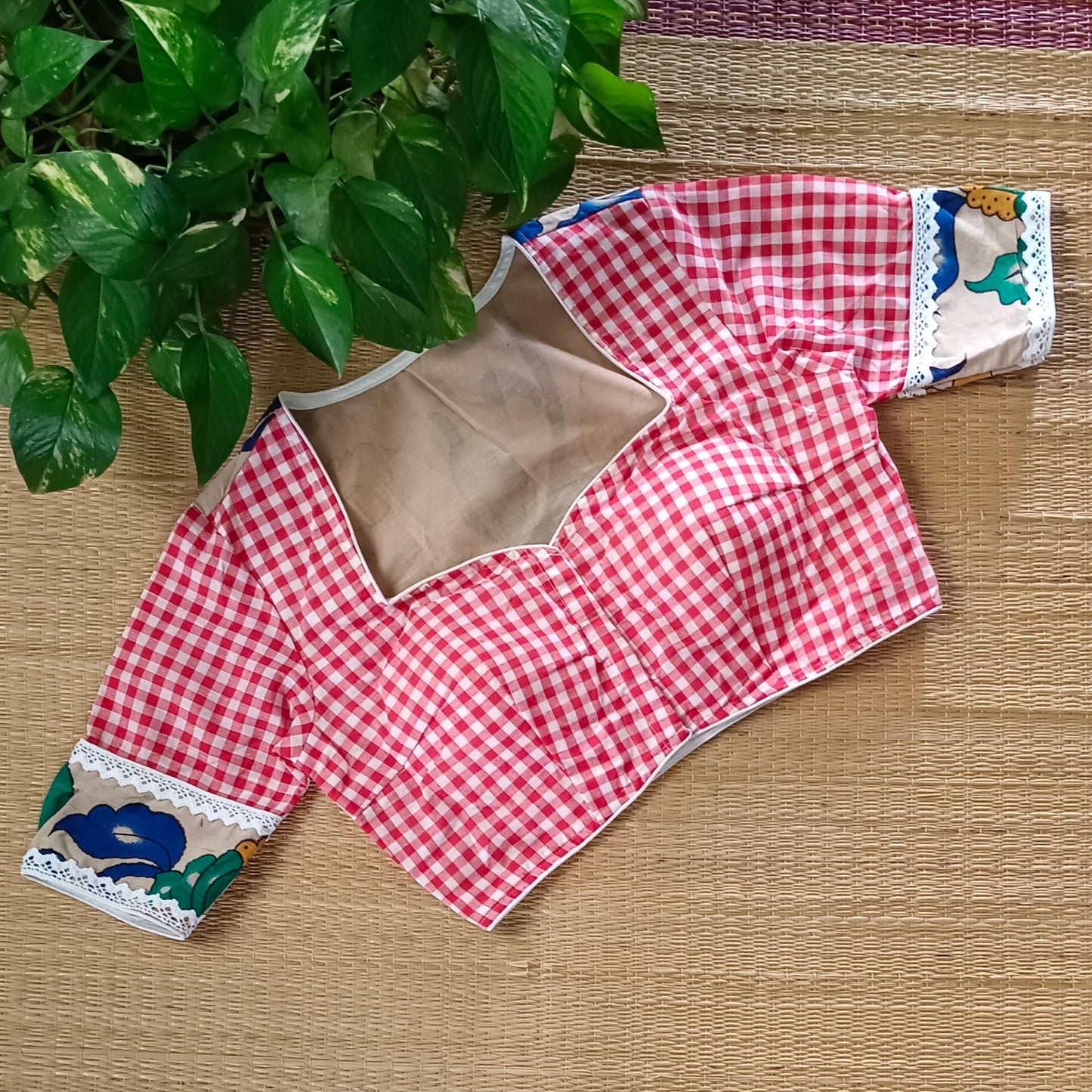Red & White Kalamkari Pattern Blouse With Checks