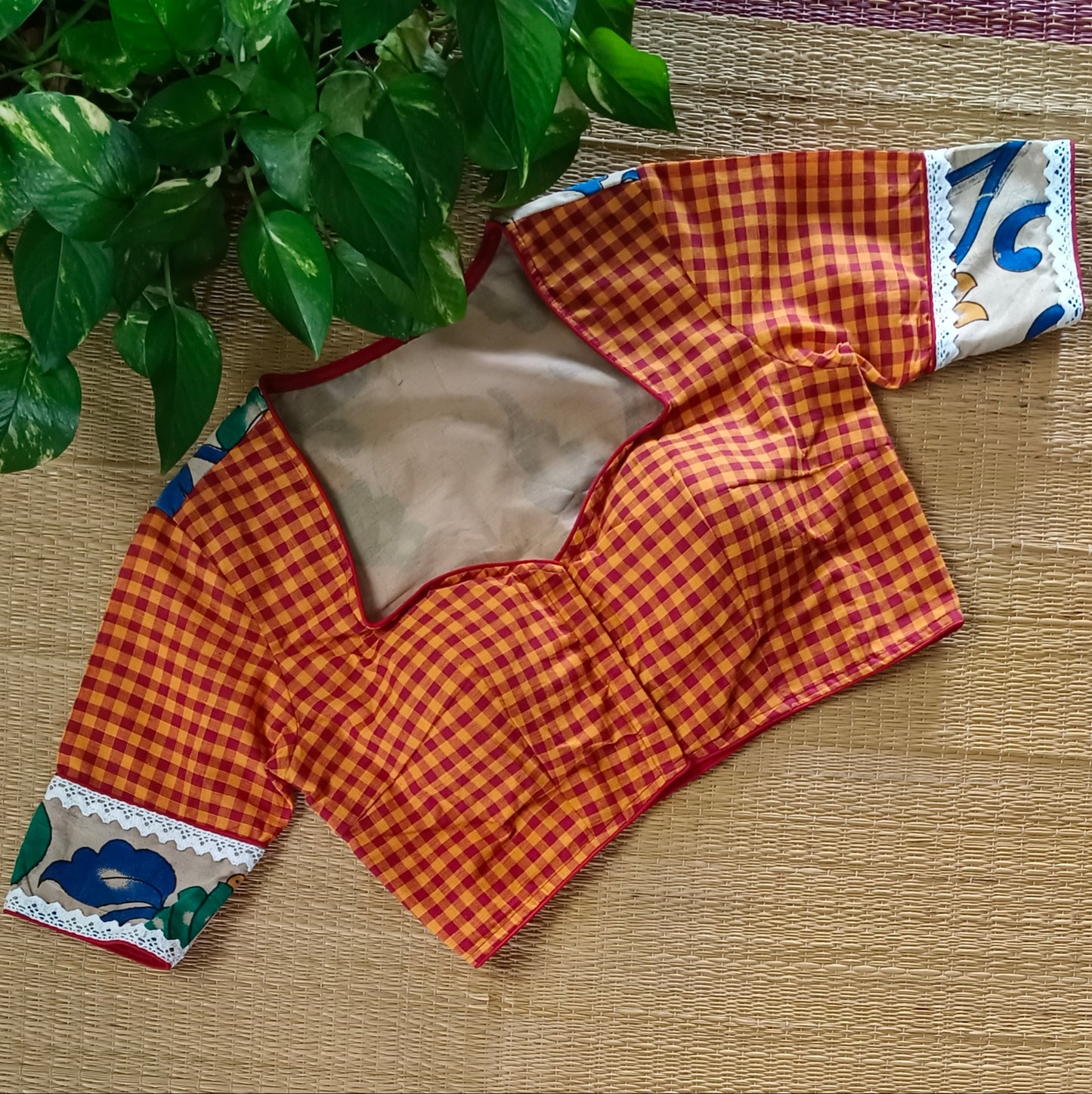 Yellow & Maroon Kalamkari Pattern Blouse With Checks