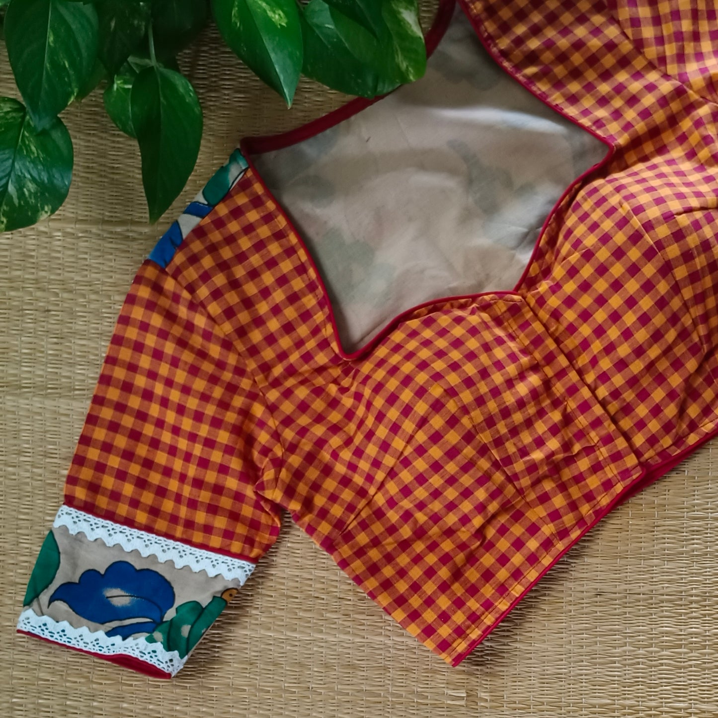 Yellow & Maroon Kalamkari Pattern Blouse With Checks