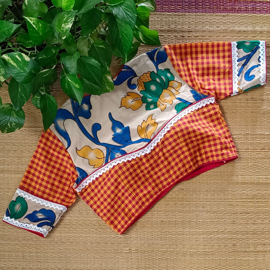 Yellow & Maroon Kalamkari Pattern Blouse With Checks