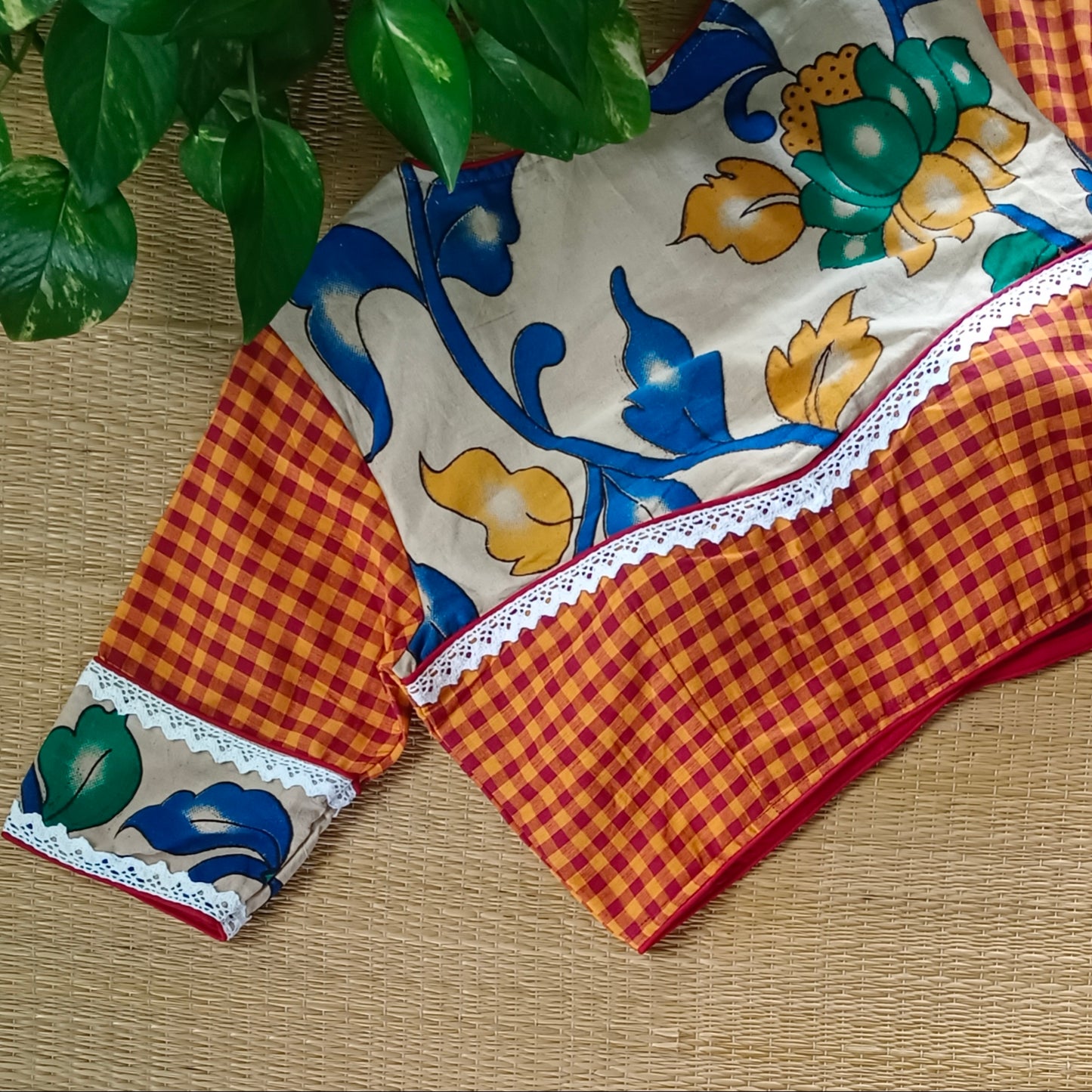 Yellow & Maroon Kalamkari Pattern Blouse With Checks