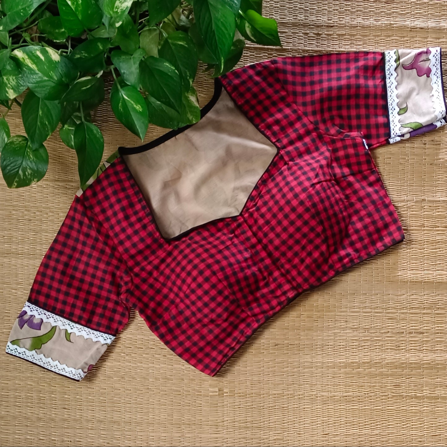 Red & Black Kalamkari Pattern Blouse With Checks