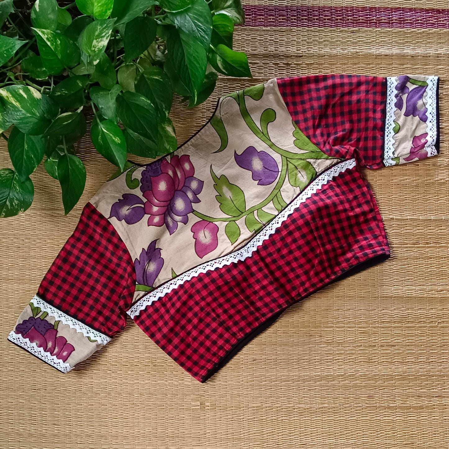 Red & Black Kalamkari Pattern Blouse With Checks