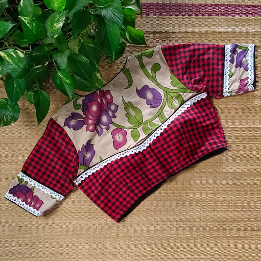 Red & Black Kalamkari Pattern Blouse With Checks