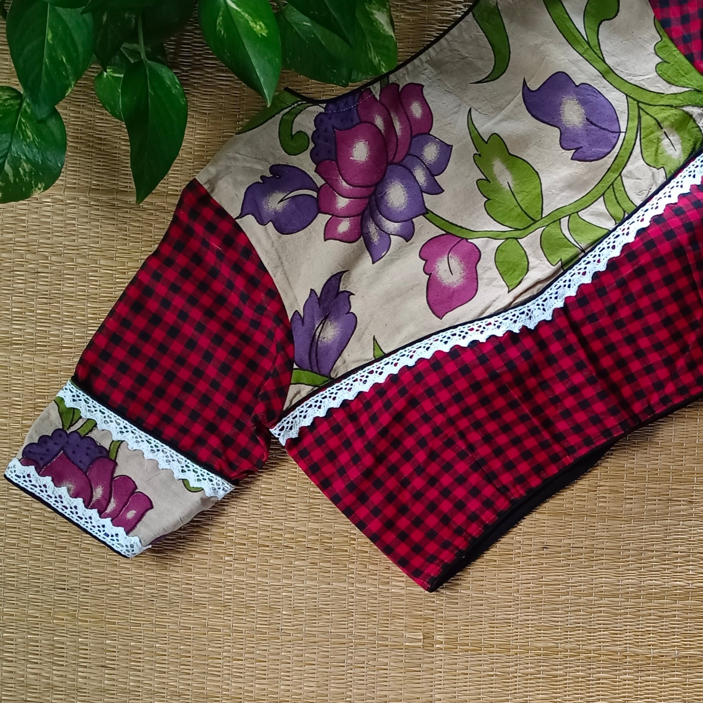 Red & Black Kalamkari Pattern Blouse With Checks