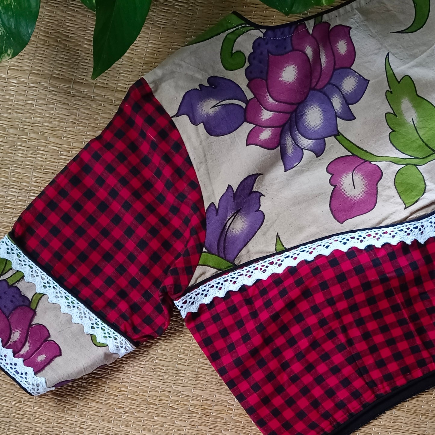 Red & Black Kalamkari Pattern Blouse With Checks