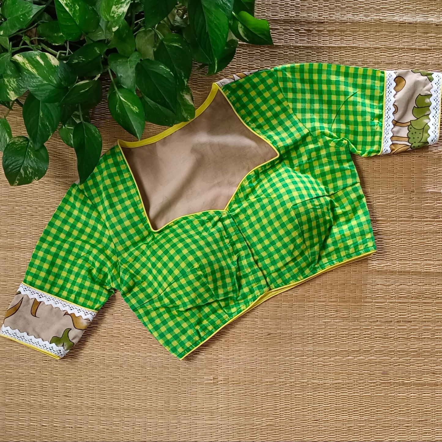 Yellow & Green Kalamkari Pattern Blouse With Checks