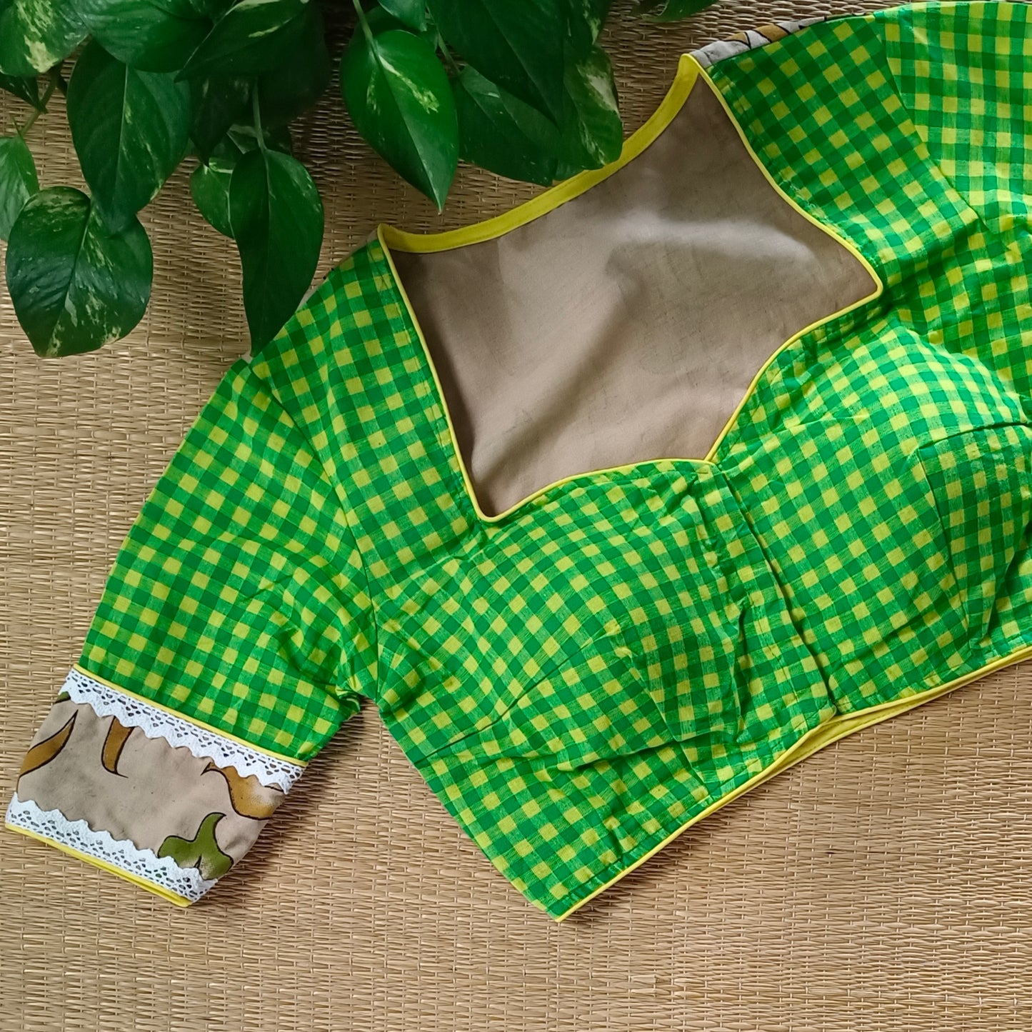 Yellow & Green Kalamkari Pattern Blouse With Checks