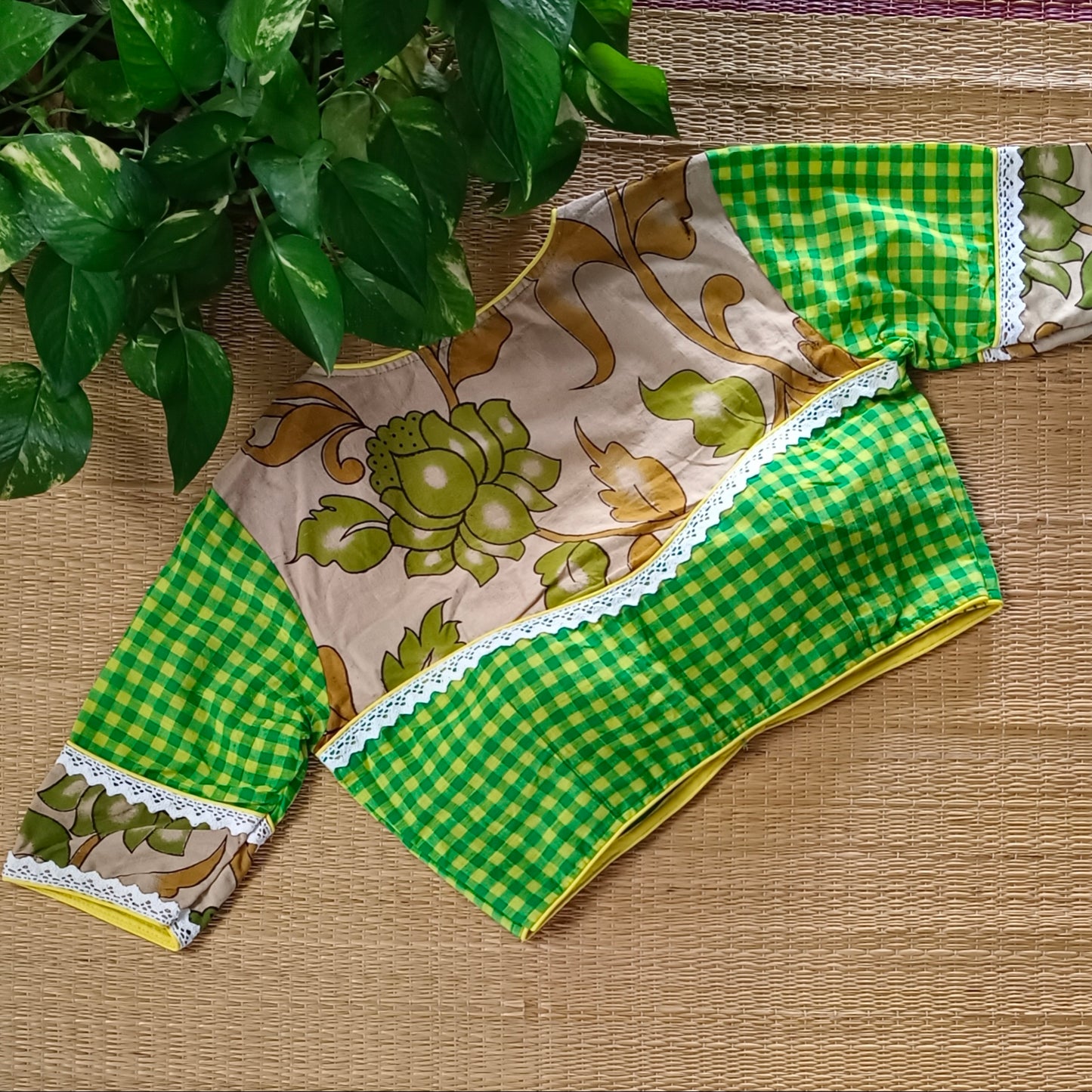 Yellow & Green Kalamkari Pattern Blouse With Checks