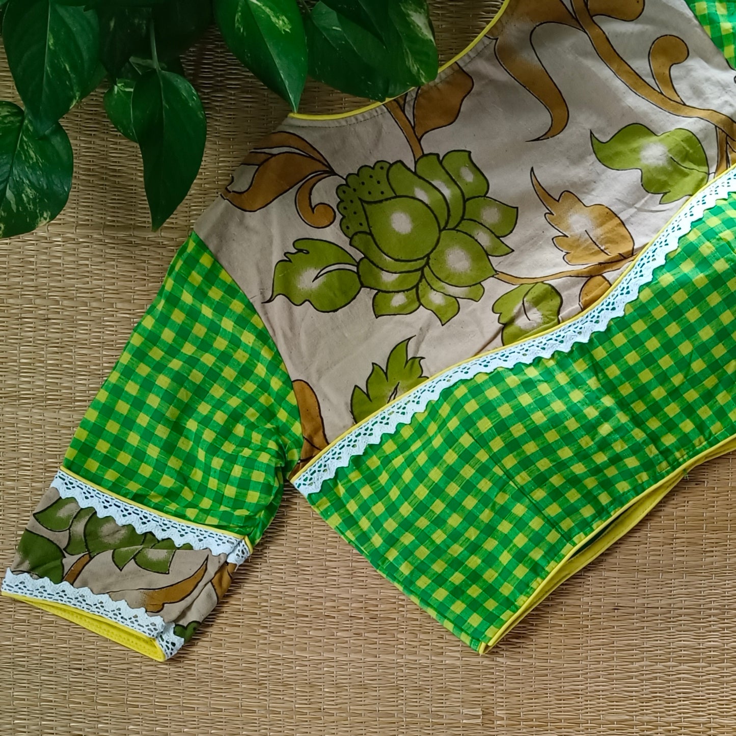 Yellow & Green Kalamkari Pattern Blouse With Checks