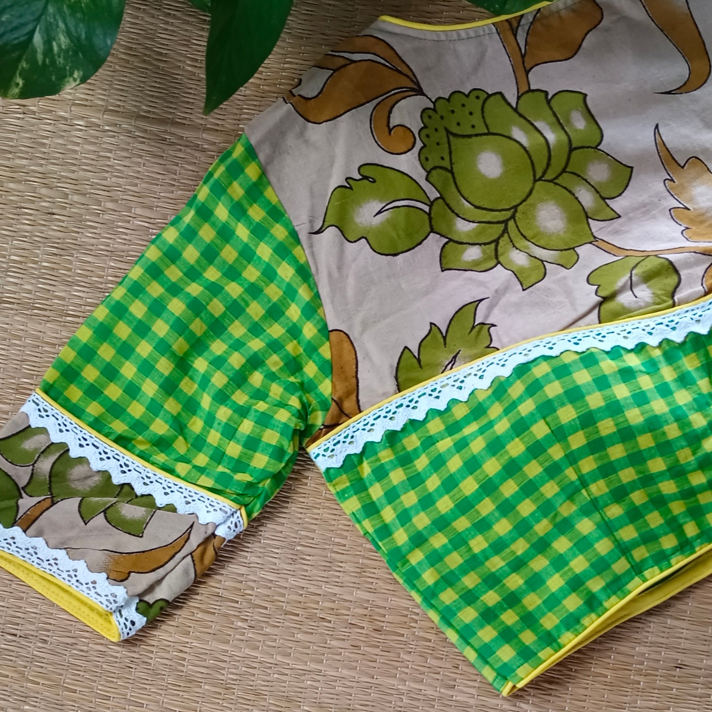 Yellow & Green Kalamkari Pattern Blouse With Checks