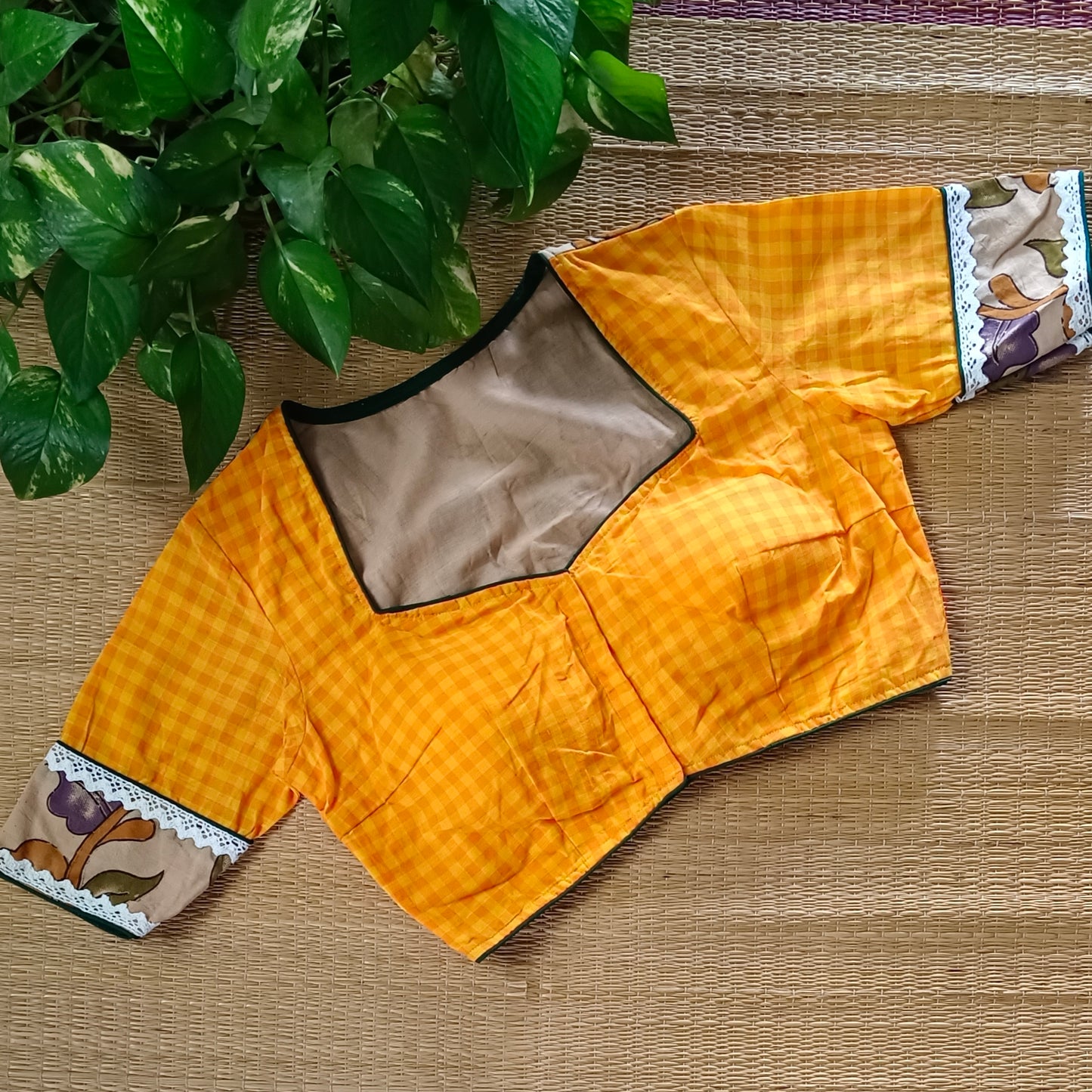 Yellow & Orange Kalamkari Pattern Blouse With Checks