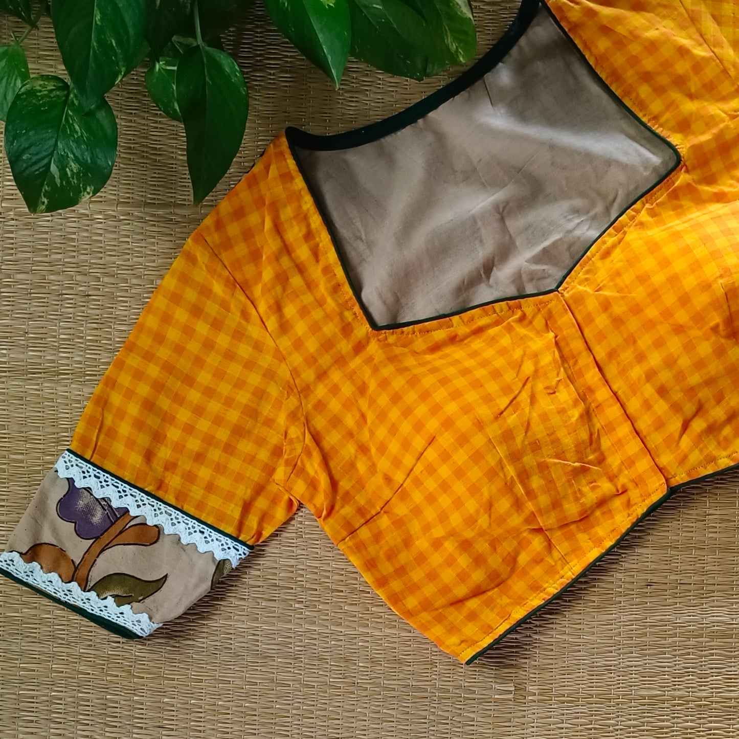 Yellow & Orange Kalamkari Pattern Blouse With Checks