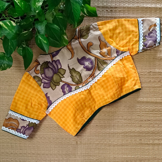 Yellow & Orange Kalamkari Pattern Blouse With Checks