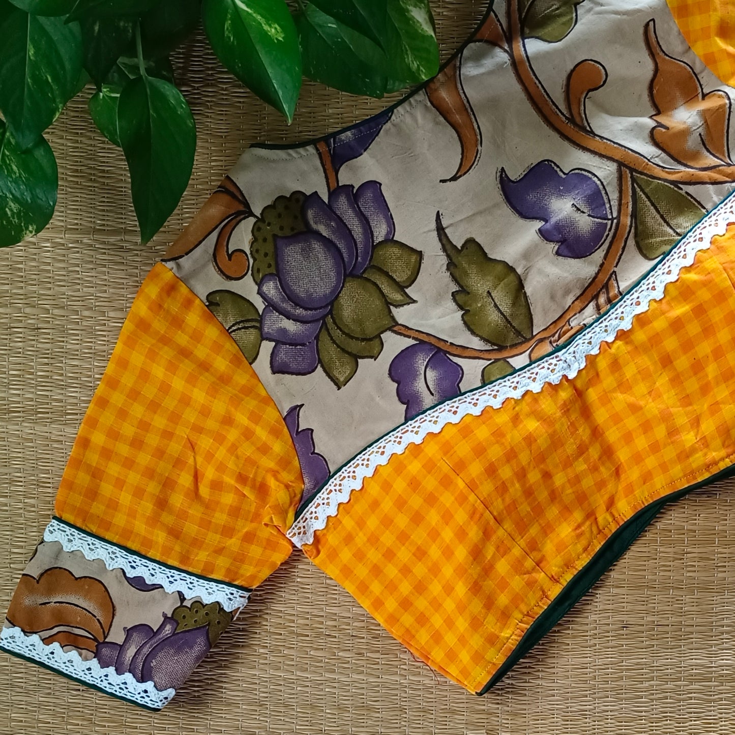 Yellow & Orange Kalamkari Pattern Blouse With Checks