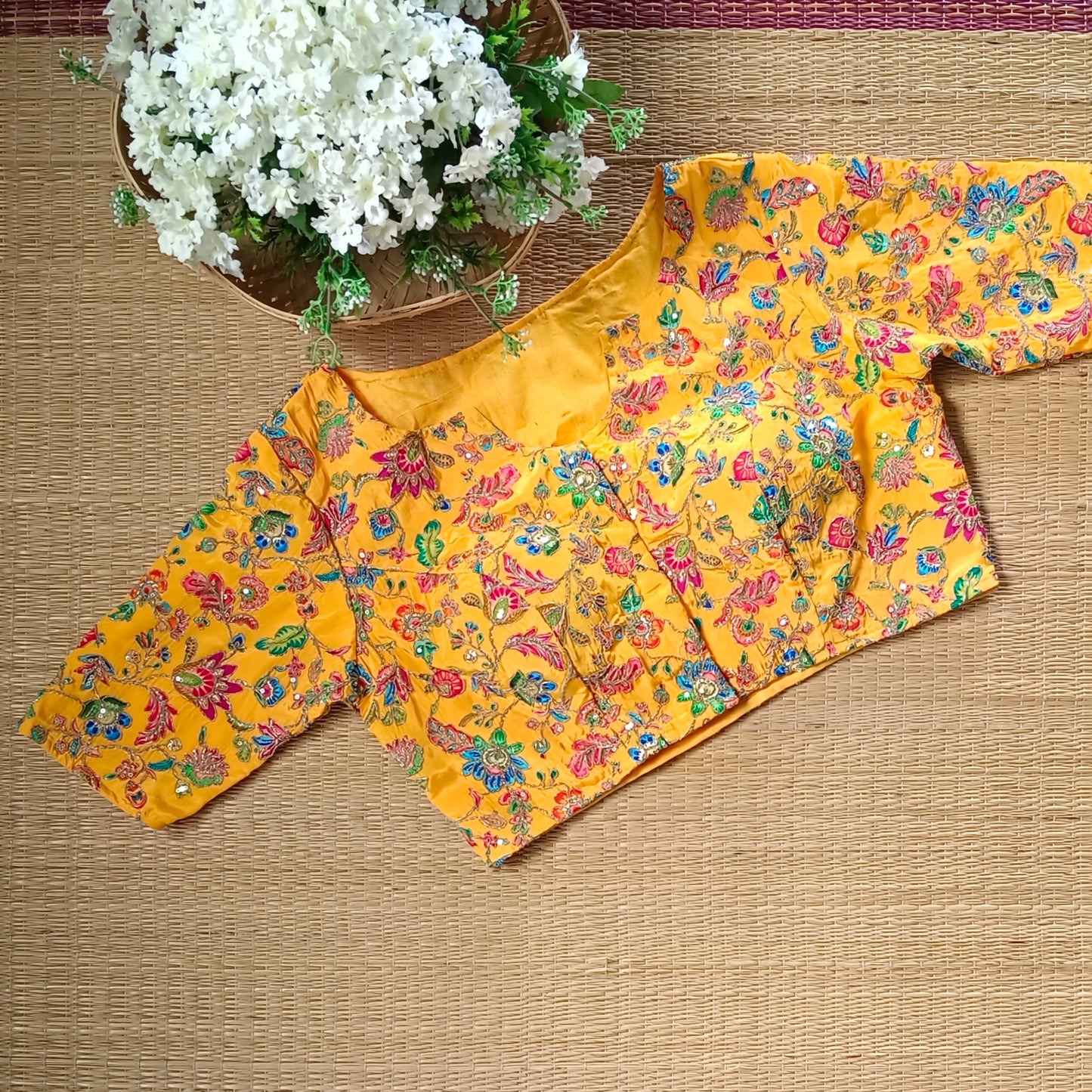 Yellow crepe code work blouse - Elbow sleeves