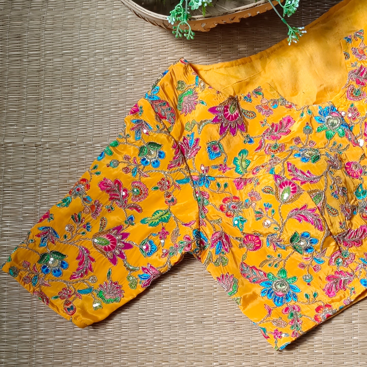 Yellow crepe code work blouse - Elbow sleeves