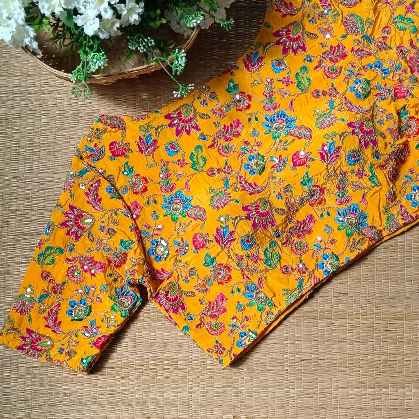 Yellow crepe code work blouse - Elbow sleeves