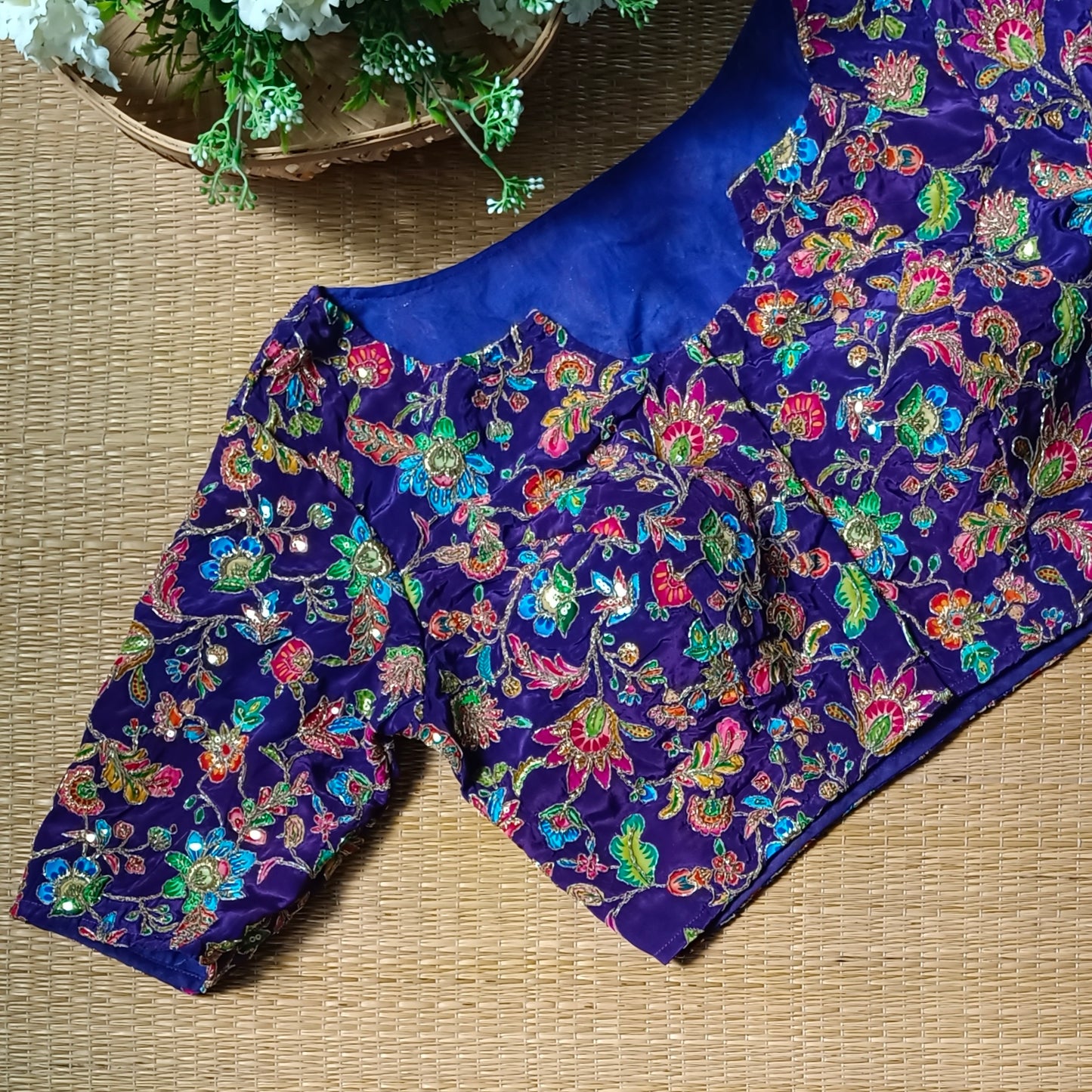 Royal Blue crepe code work blouse - Elbow sleeves