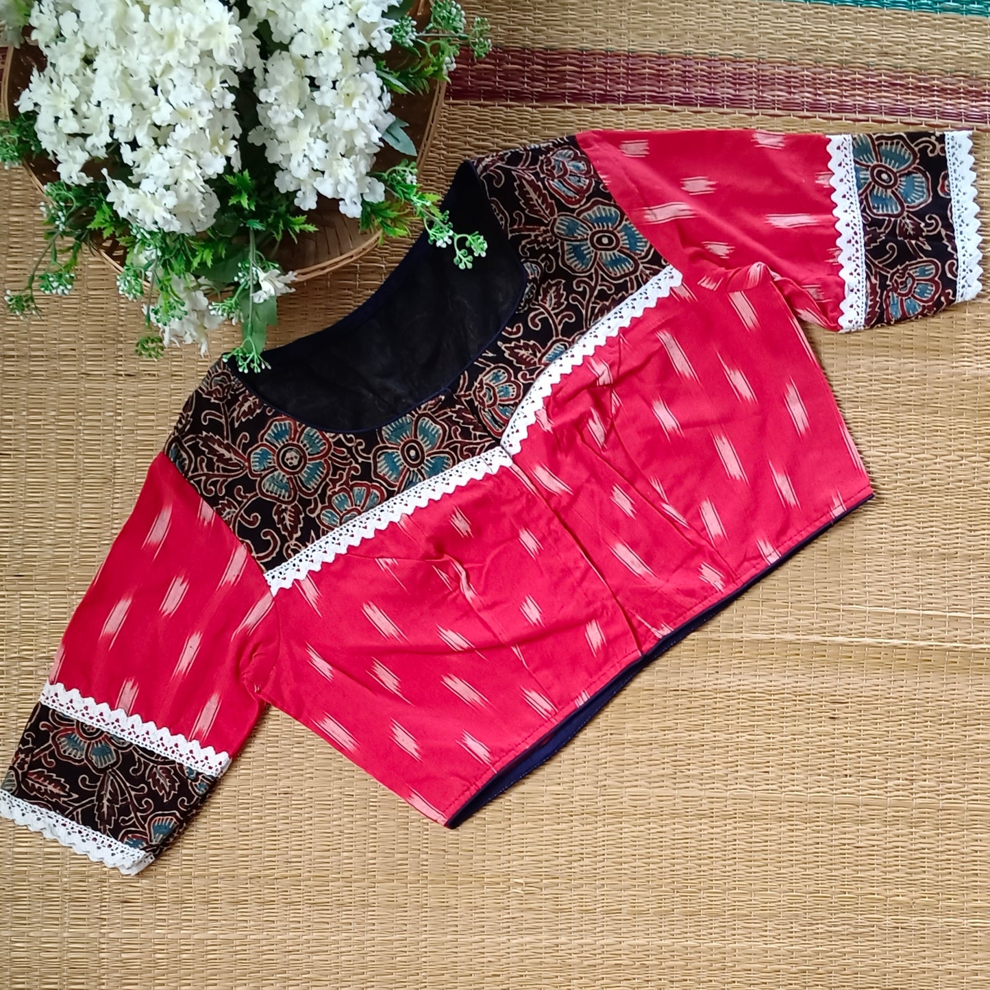 Red Ikkat and Ajrak Pattern Blouse