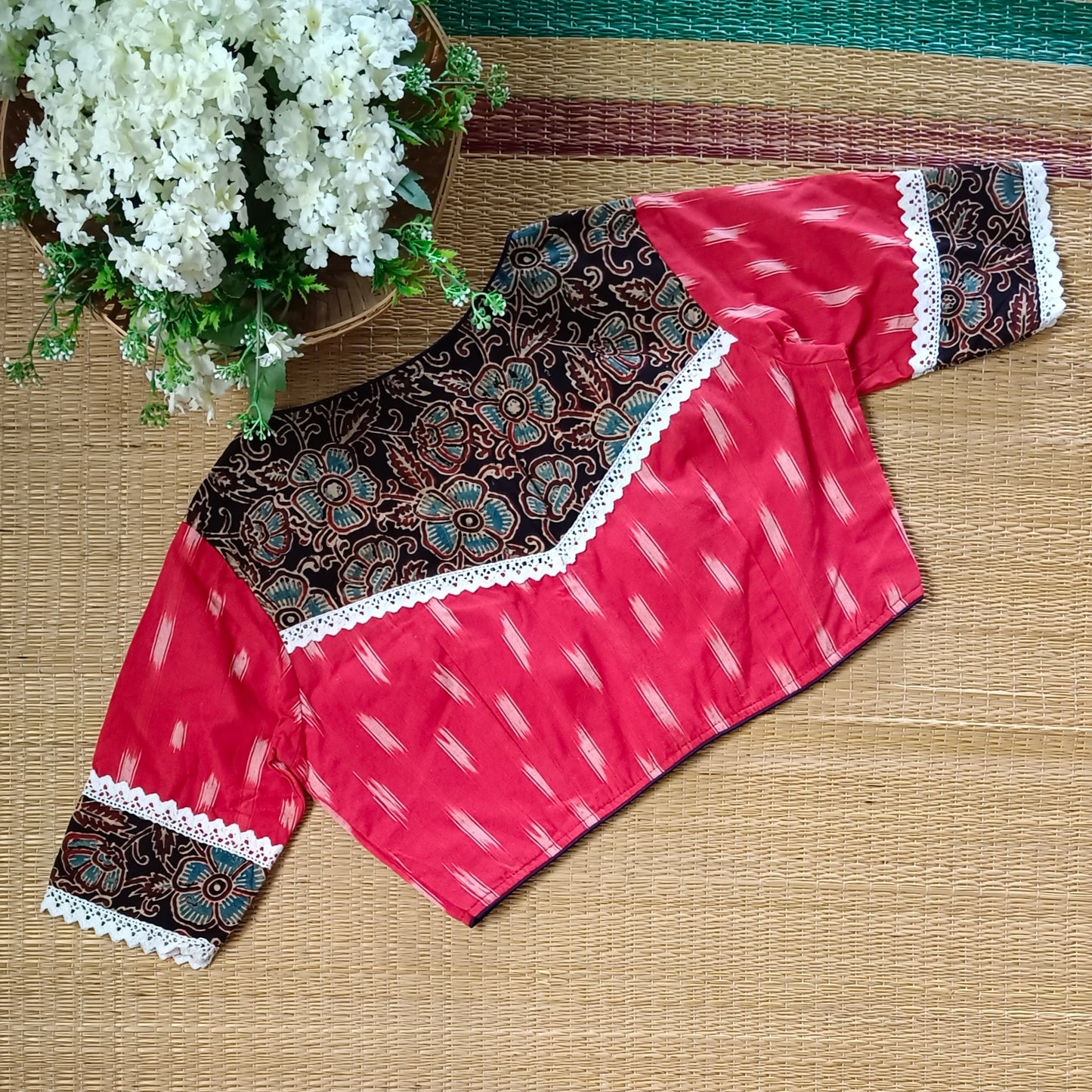 Red Ikkat and Ajrak Pattern Blouse