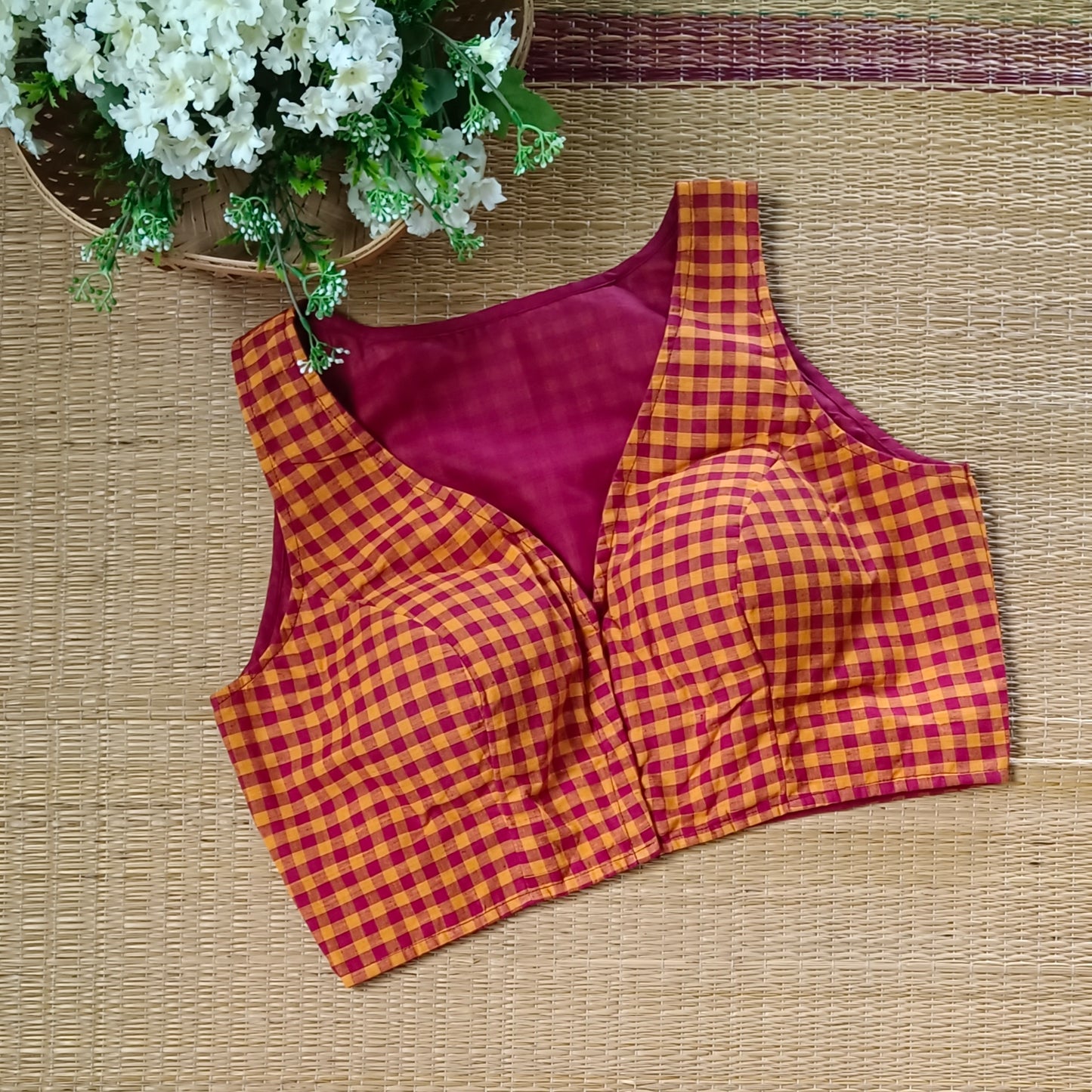 Maroon & Yellow Checks Cotton Blouse