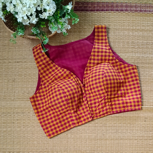 Maroon & Yellow Checks Cotton Blouse