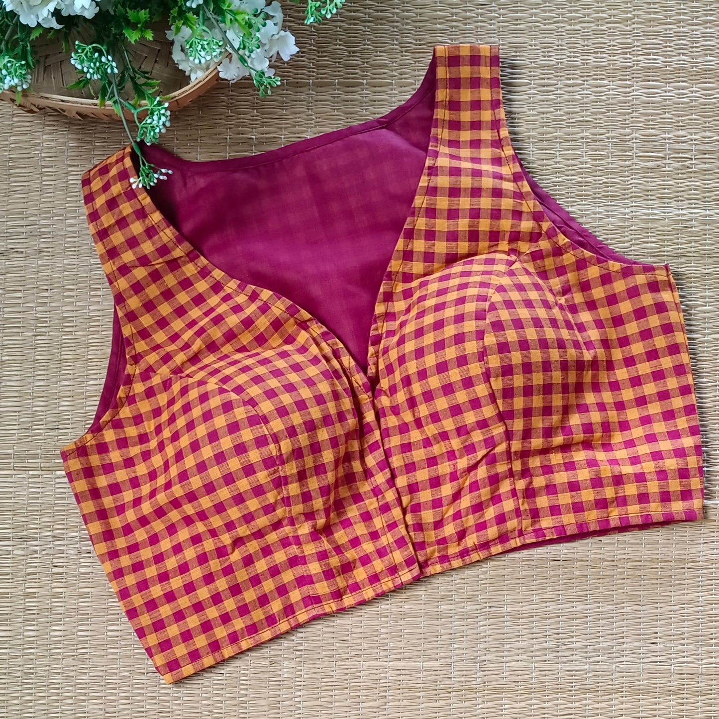 Maroon & Yellow Checks Cotton Blouse