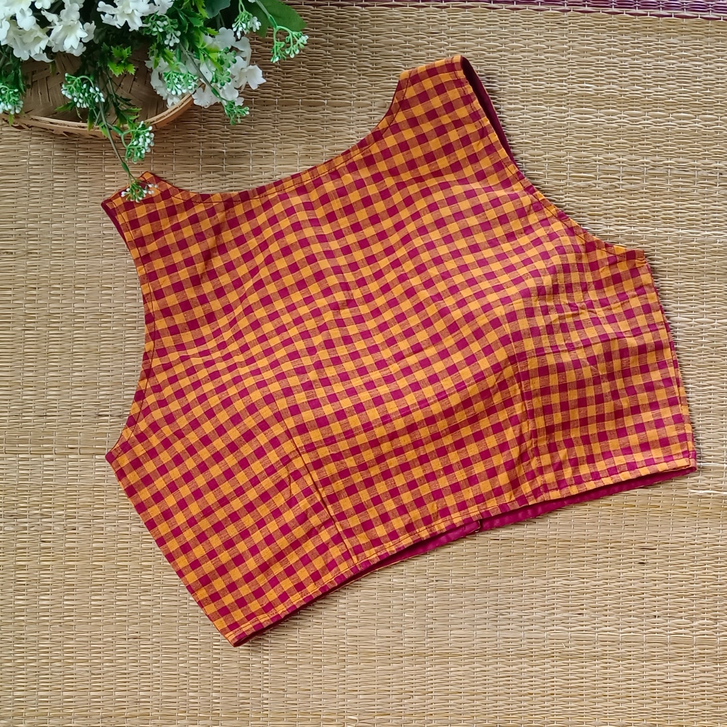 Maroon & Yellow Checks Cotton Blouse